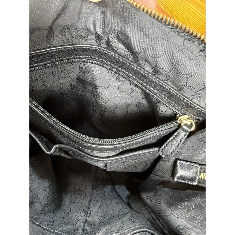 Michael Kors Hamilton Satchel Tote Leather Bag Black with Gold Lock and Chain